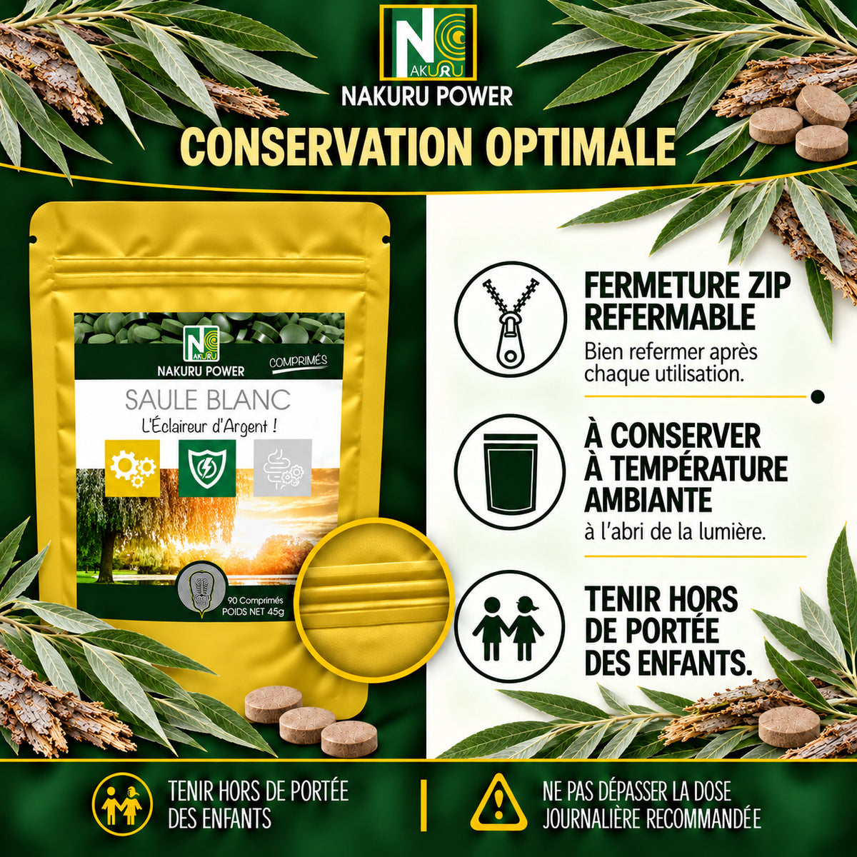 NAKURU Saule Blanc — 90 comprimés — Conservation