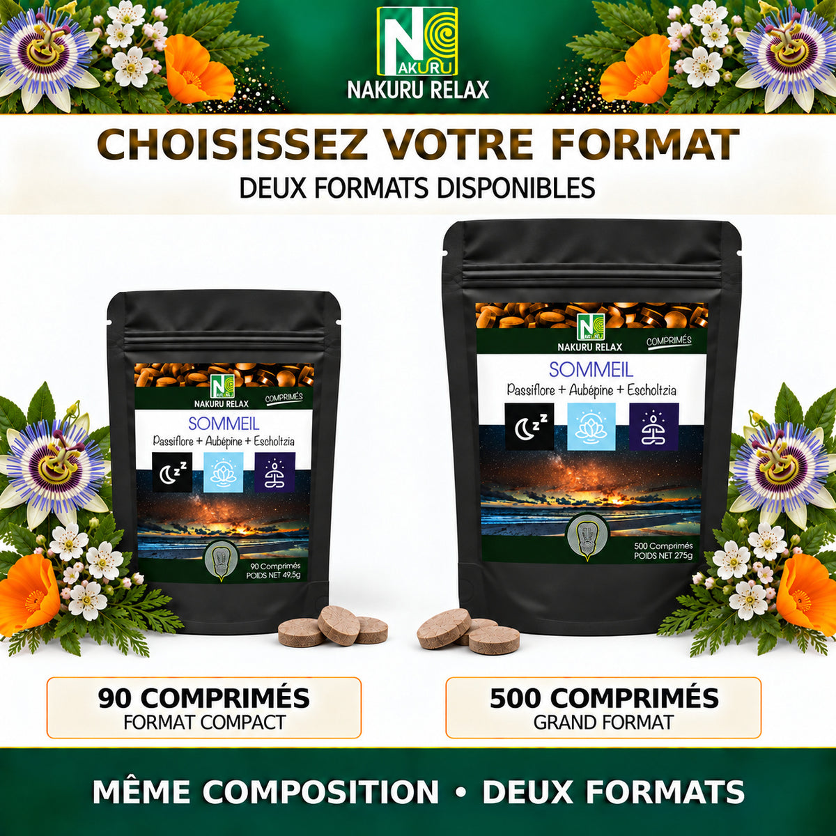 NAKURU Sommeil — 500 comprimés — Comparatif des formats