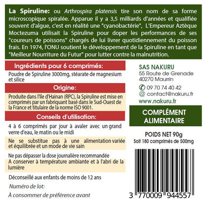 NAKURU Spiruline — 180 comprimés — Étiquette dos