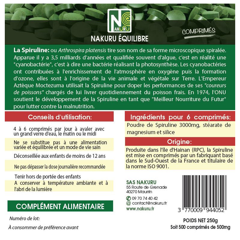 NAKURU Spiruline — 500 comprimés — Étiquette dos
