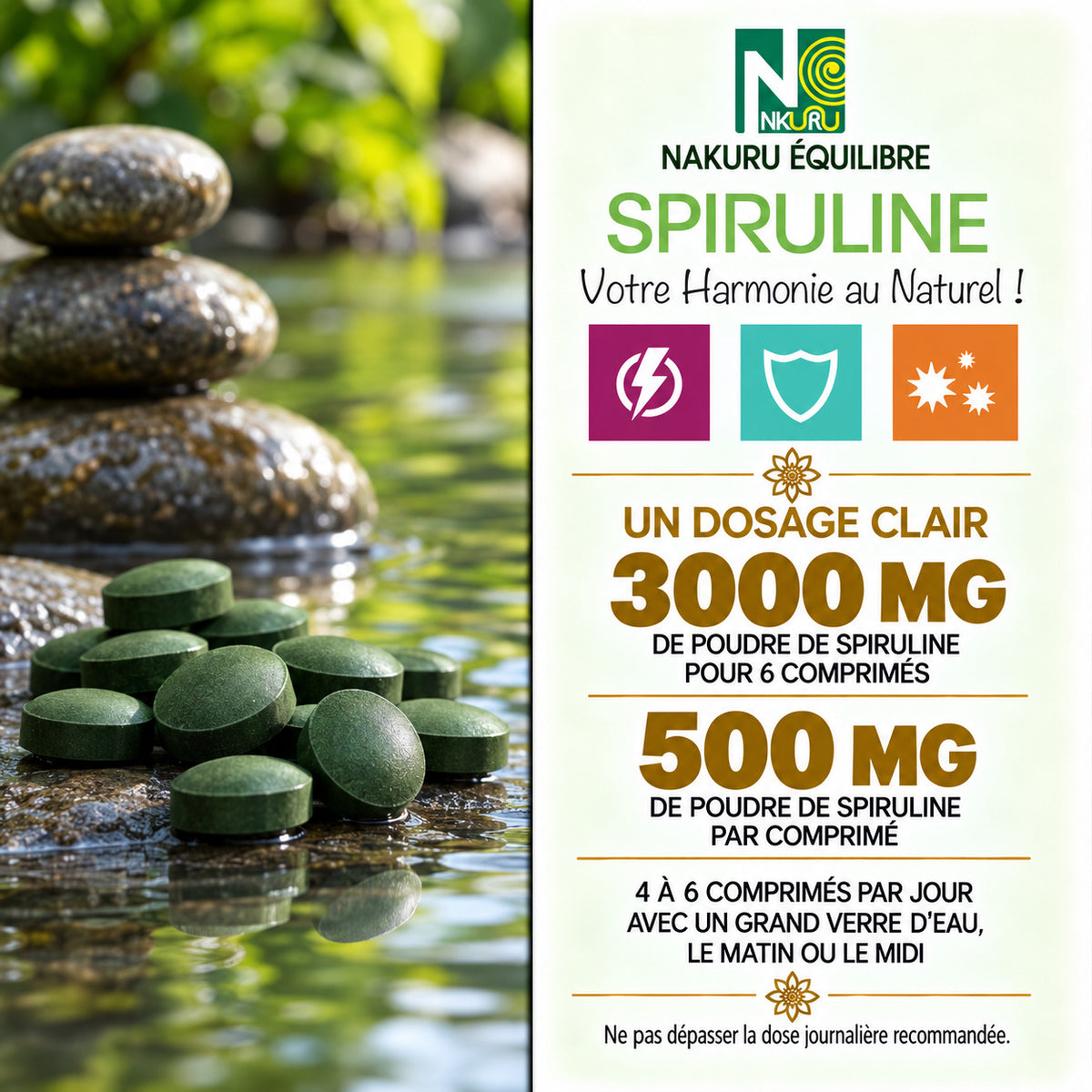 NAKURU Spiruline — 500 comprimés — Dosage