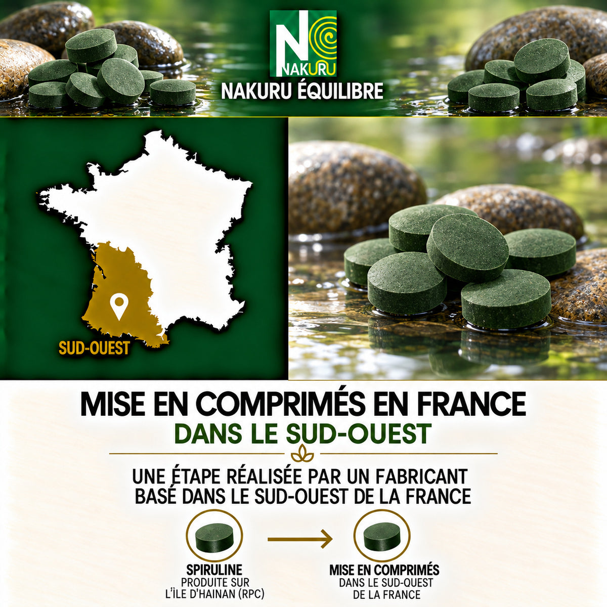 NAKURU Spiruline — 500 comprimés — Fabrication