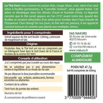 NAKURU Thé Vert — 90 comprimés — Étiquette dos