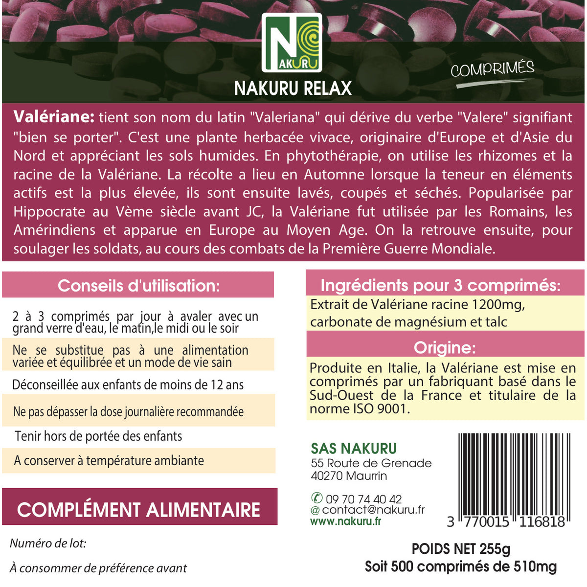 NAKURU Valériane — 500 comprimés — Étiquette dos