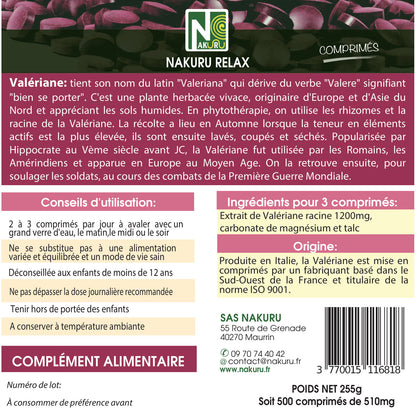 NAKURU Valériane — 500 comprimés — Étiquette dos