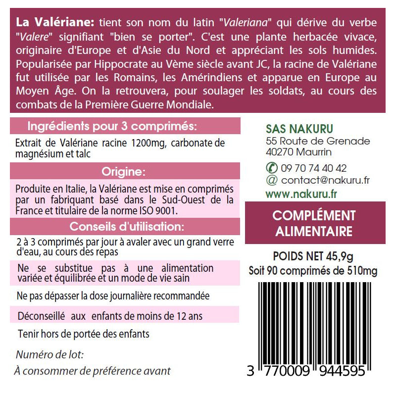 NAKURU Valériane — 90 comprimés — Étiquette dos