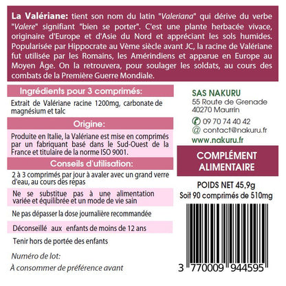 NAKURU Valériane — 90 comprimés — Étiquette dos