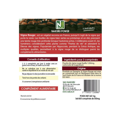 NAKURU Vigne Rouge — 450 comprimés — Étiquette dos