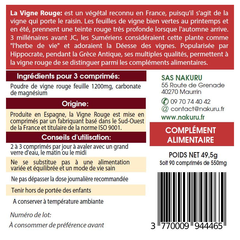 NAKURU Vigne Rouge — 90 comprimés — Étiquette dos