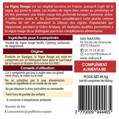 NAKURU Vigne Rouge — 90 comprimés — Étiquette dos