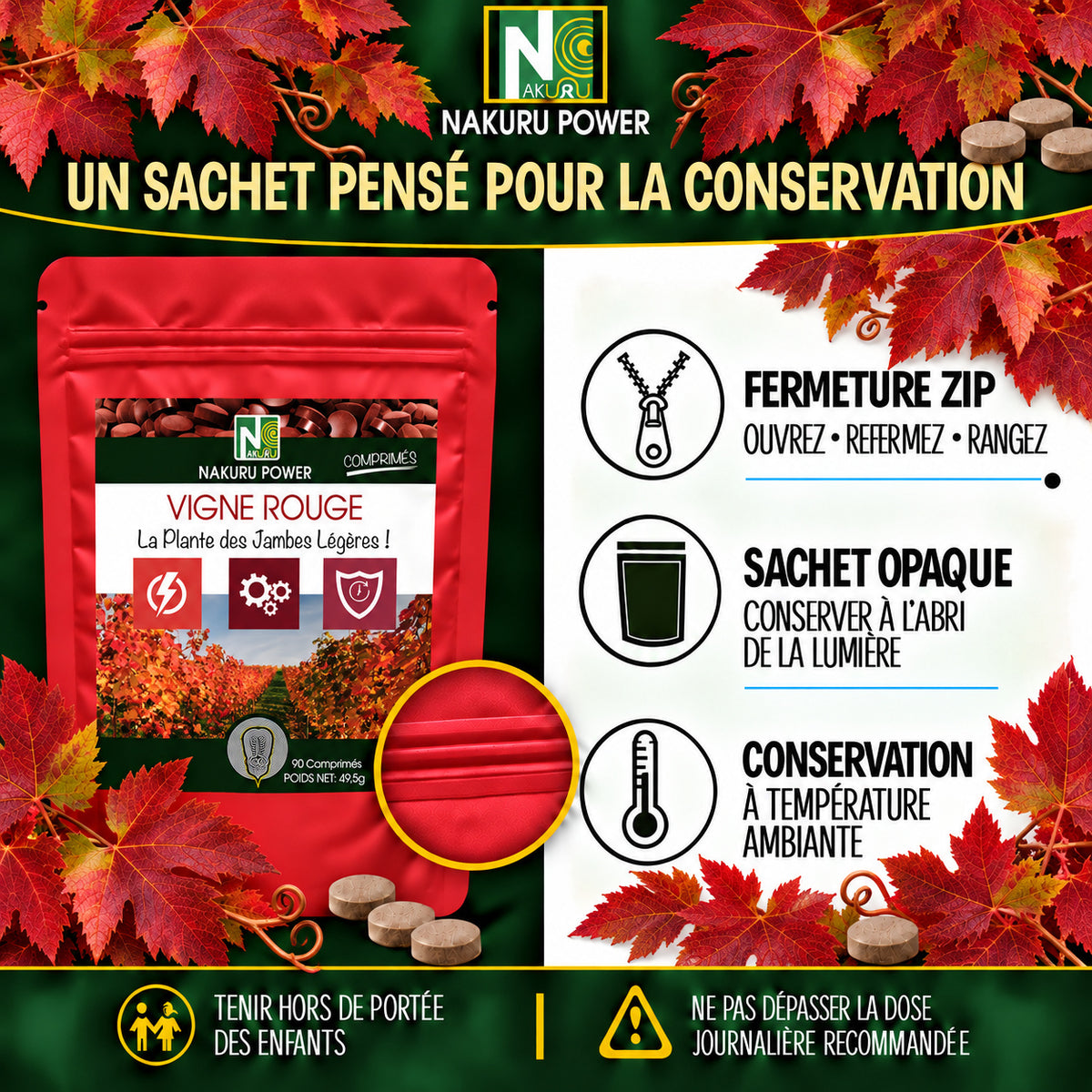 NAKURU Vigne Rouge — 450 comprimés — Conservation