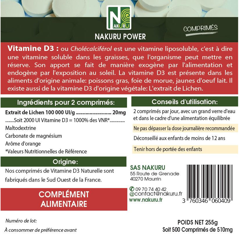 NAKURU Vitamine D3 Naturelle 2000 UI — 500 comprimés — Étiquette dos