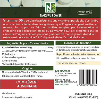 NAKURU Vitamine D3 Naturelle 2000 UI — 500 comprimés — Étiquette dos