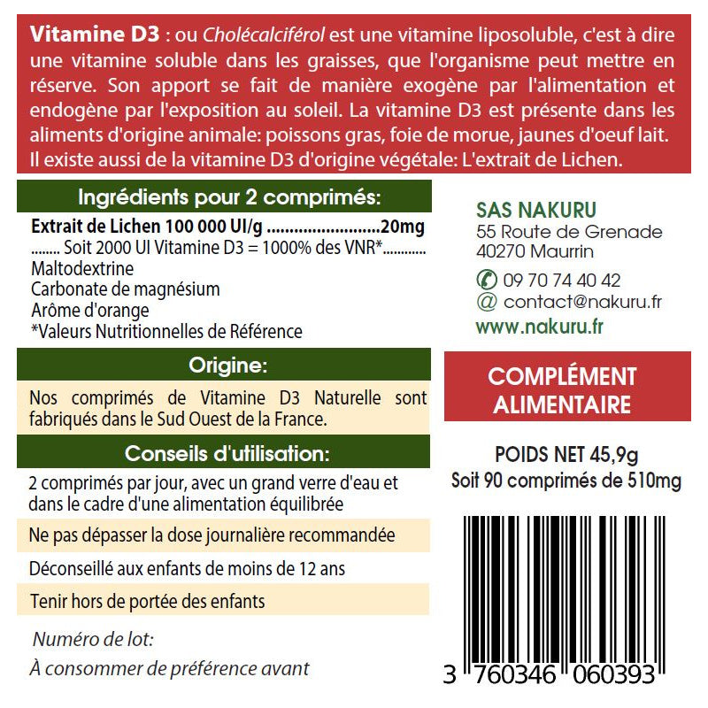NAKURU Vitamine D3 Naturelle 2000 UI — 90 comprimés — Étiquette dos