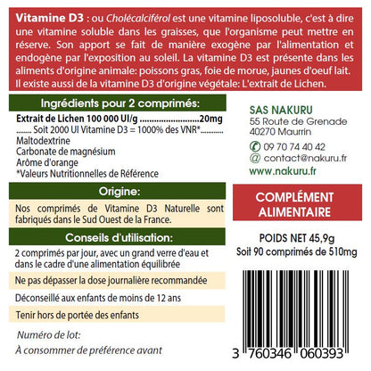 NAKURU Vitamine D3 Naturelle 2000 UI — 90 comprimés — Étiquette dos