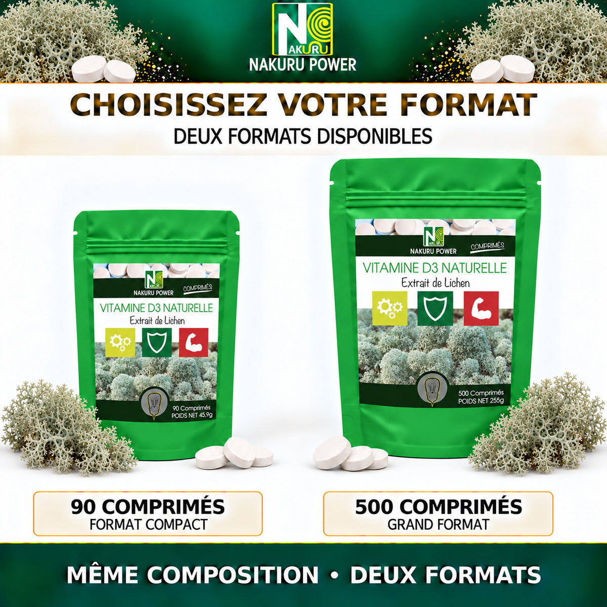 NAKURU Vitamine D3 Naturelle 2000 UI — 500 comprimés — Comparatif des formats