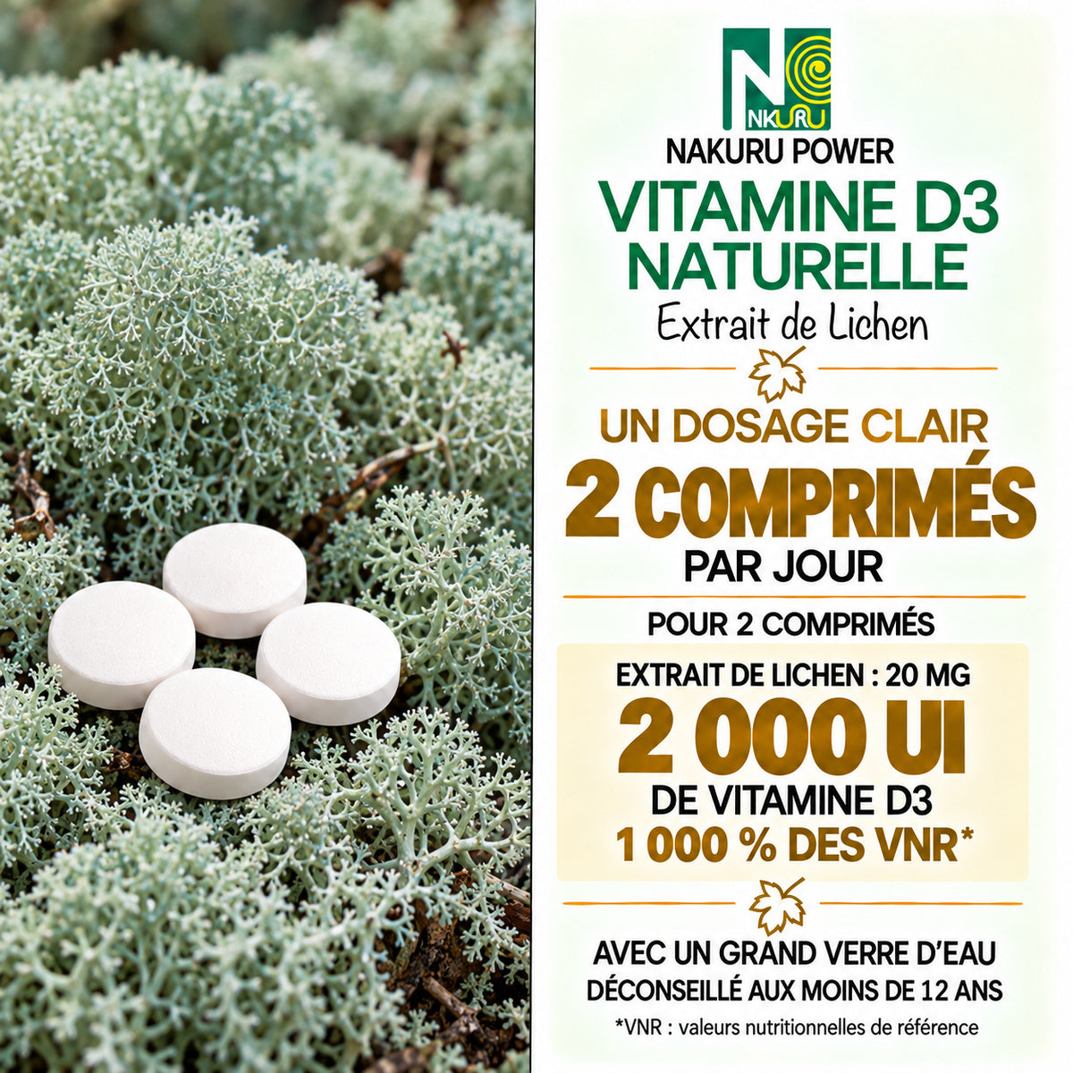 NAKURU Vitamine D3 Naturelle 2000 UI — 500 comprimés — Dosage