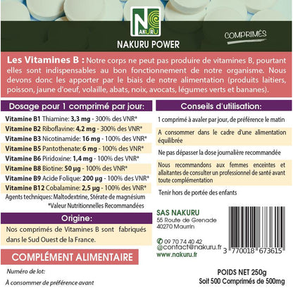 NAKURU Vitamines B Complexe — 500 comprimés — Étiquette dos