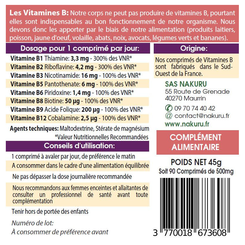 NAKURU Vitamines B Complexe — 90 comprimés — Étiquette dos