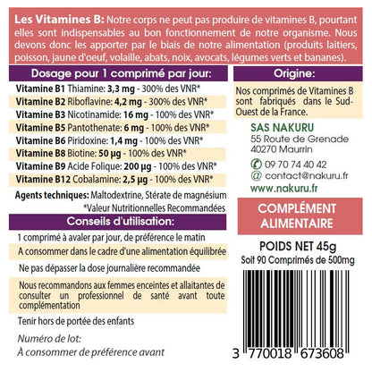 NAKURU Vitamines B Complexe — 90 comprimés — Étiquette dos