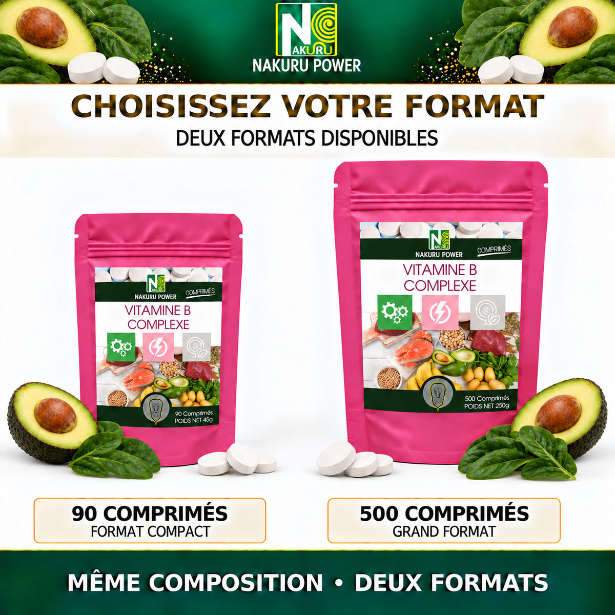 NAKURU Vitamines B Complexe — 500 comprimés — Comparatif des formats