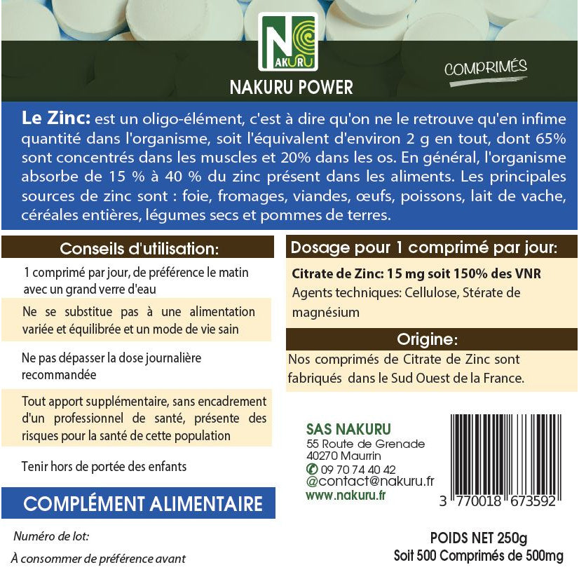 NAKURU Citrate de Zinc — 500 comprimés — Étiquette dos