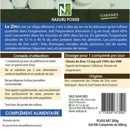 NAKURU Citrate de Zinc — 500 comprimés — Étiquette dos