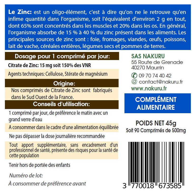 NAKURU Citrate de Zinc — 90 comprimés — Étiquette dos