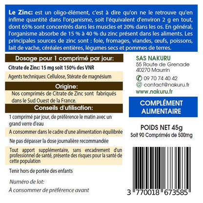 NAKURU Citrate de Zinc — 90 comprimés — Étiquette dos